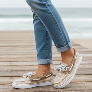 Sperry Top-Sider Women’s Boat Shoes 6W Beige Floral Canvas Lace-Up Loafers